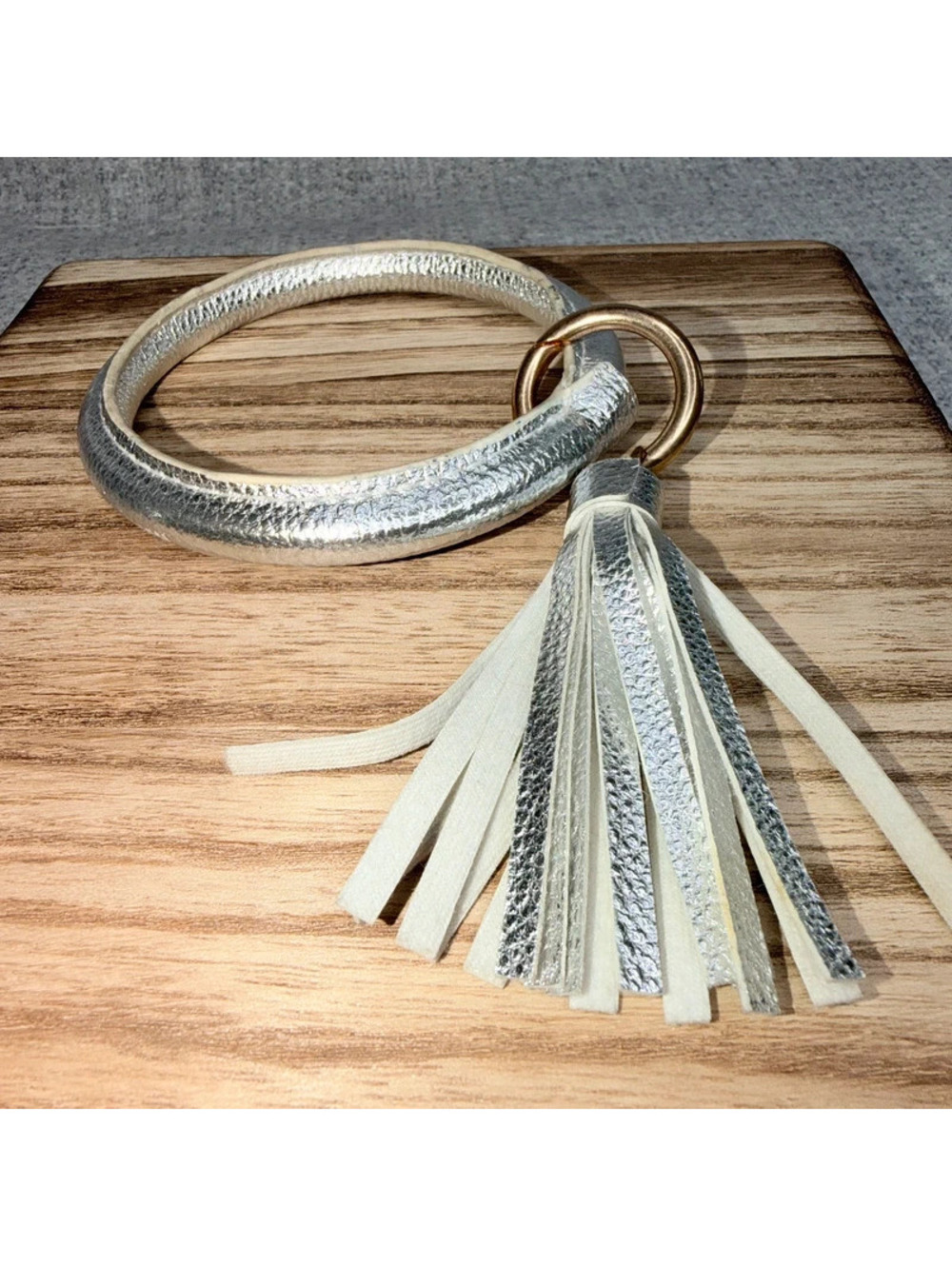 Silver Metallic Leather Tassel Key Ring Bracelet Wristlet Keychain Boho